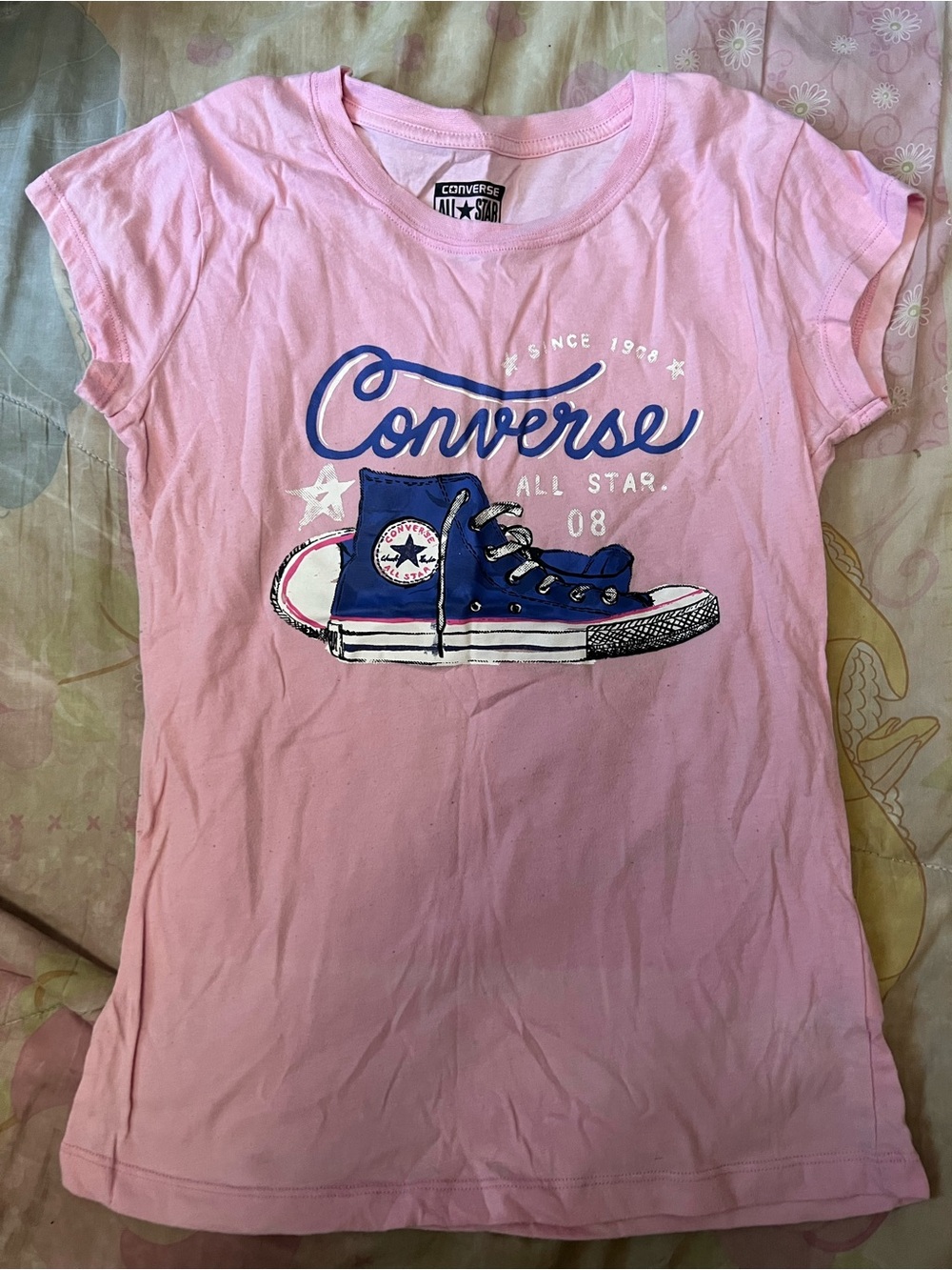 Converse Pink Tee with Blue Sneaker Graphic